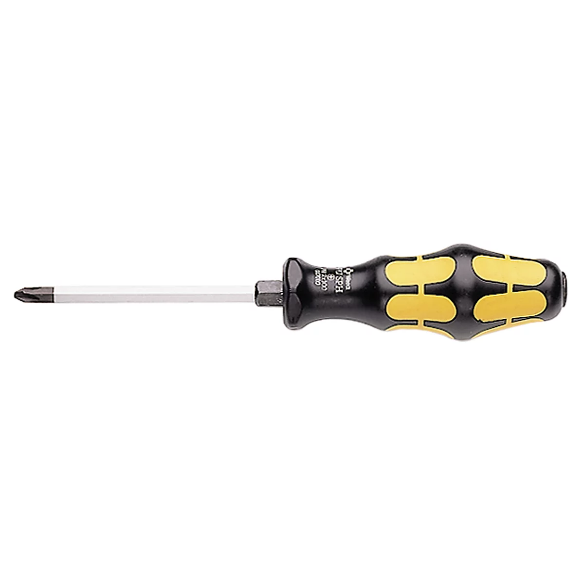 Phillips head screwdriver with black handle, yellow accents, and silver tip.