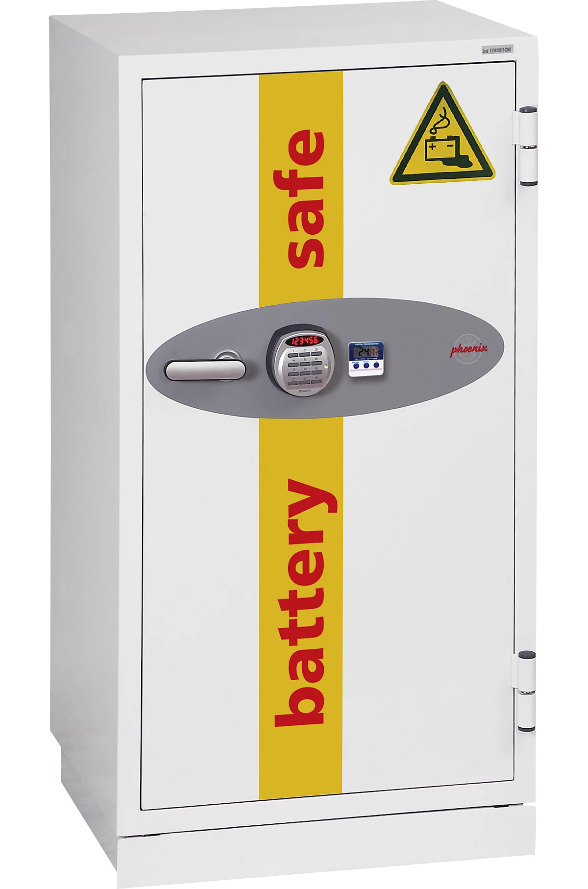 Phoenix Battery Commander BS1931E, Aufbewahrungstresor für Batterien, B 690 × T 650 × H 1160 mm, feuergeschützt, Temperaturanzeige, Mehrfachverriegelung, 2 Schwerlastfachböden, elektronisches Tastenschloss