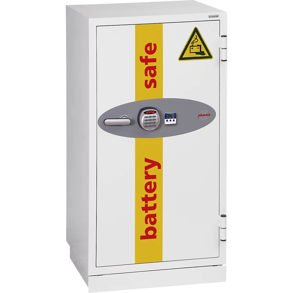 Phoenix Battery Commander BS1931E, opbergkluis voor accu's, B 690 × D 650 × H 1160 mm, brandbeveiligd, temperatuurweergave, meervoudige vergrendeling, 2 zware legborden, elektronisch sleutelslot