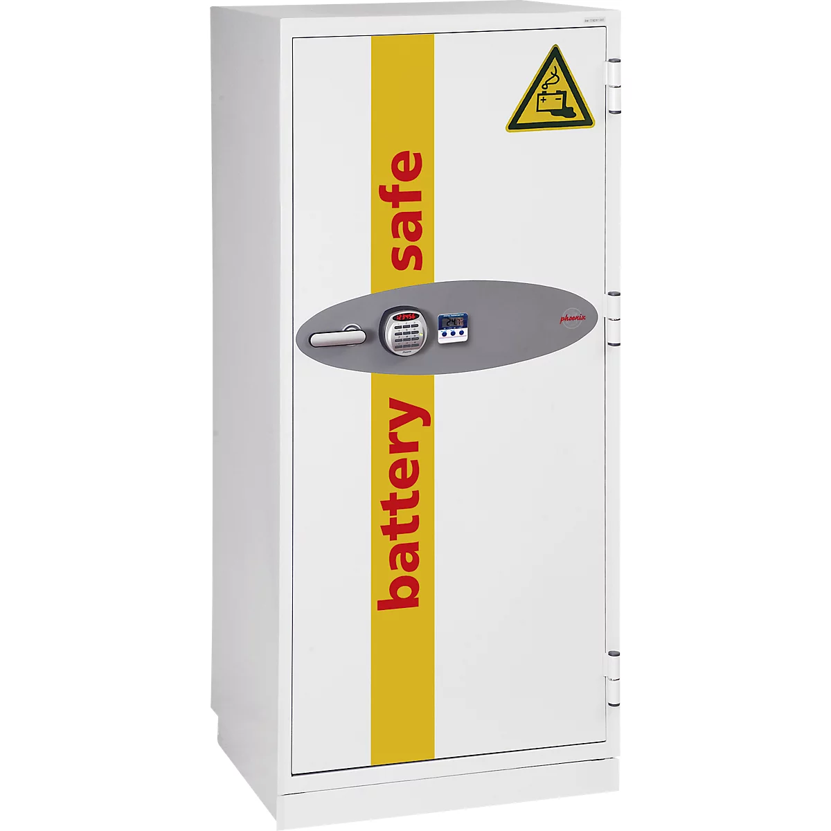 Phoenix Battery Commander BS1932E, opbergkluis voor accu's, B 690 × D 650 × H 1685 mm, brandbeveiligd, temperatuurweergave, meervoudige vergrendeling, 3 zware legborden, elektronisch sleutelslot