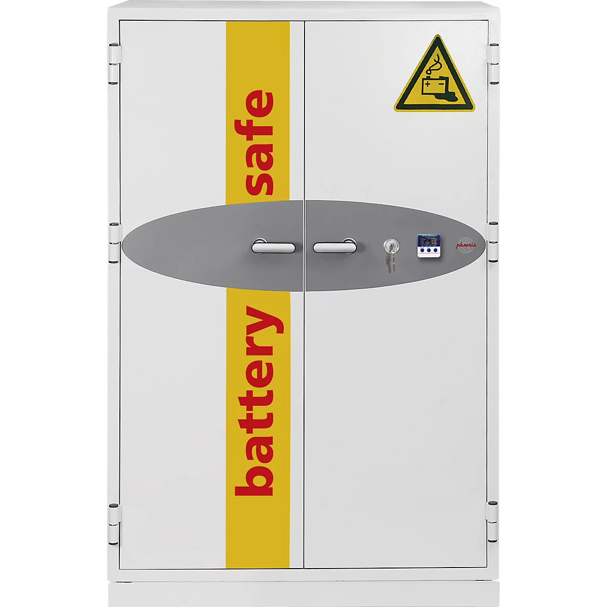 Phoenix Battery Commander BS1934K, Aufbewahrungstresor für Batterien, B 1125 × T 650 × H 1685 mm, feuergeschützt, Temperaturanzeige, Mehrfachverriegelung, 3 Schwerlastfachböden, Schlüsselschloss