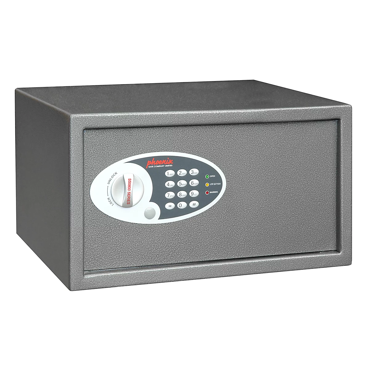 Grauer Tresor mit Zahlencode-Tastenfeld, Drehknopf und Logo.