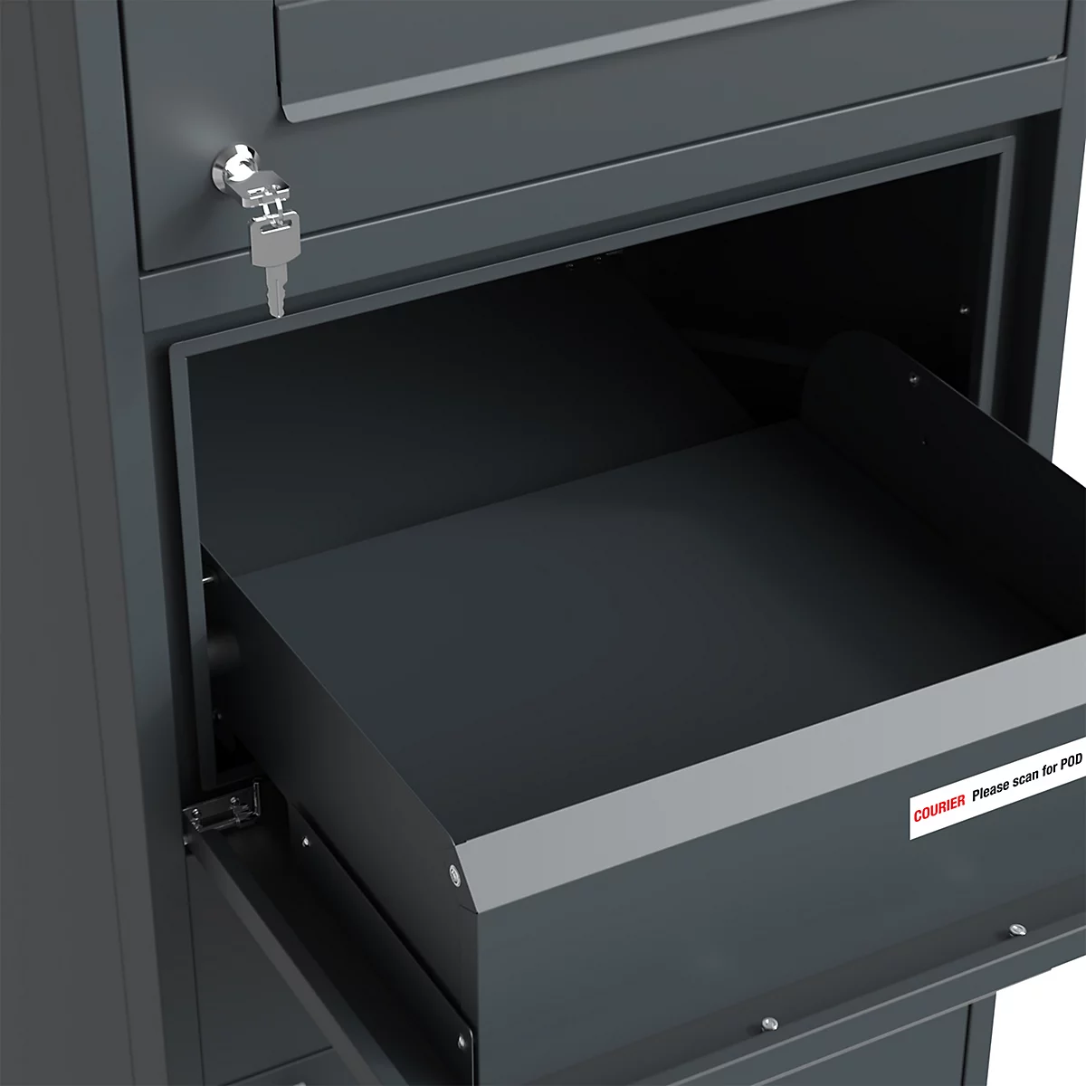 Grauer Paketbriefkasten mit geöffneter Schublade und steckendem Schlüssel.