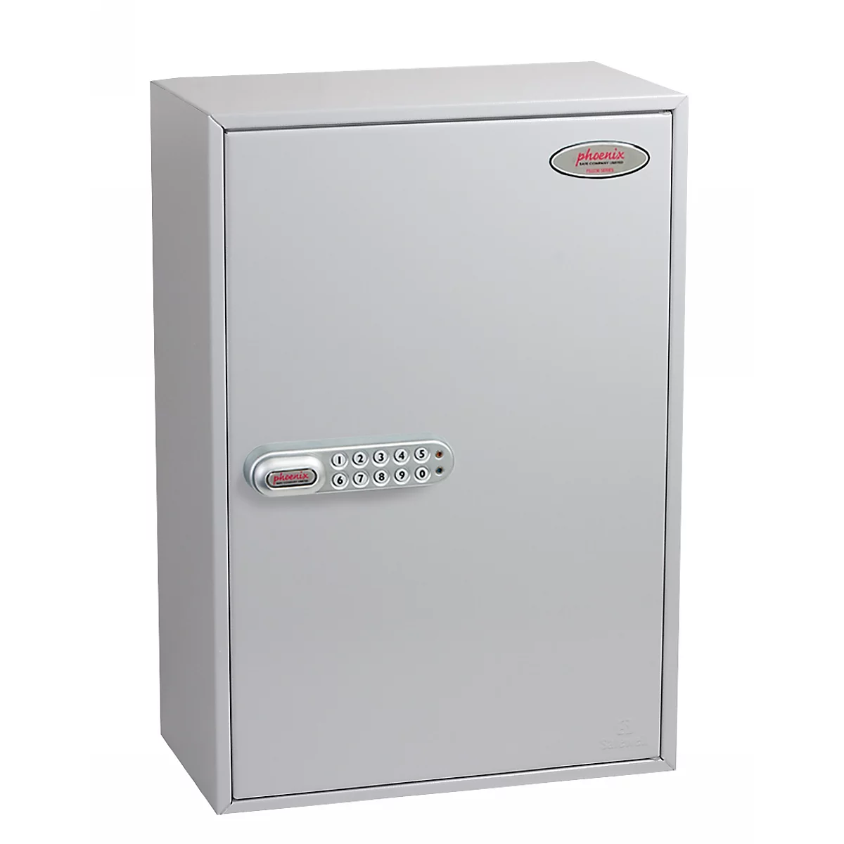 Grauer Phoenix Schlüsseltresor mit elektronischem Tastenfeld auf weißem Hintergrund.