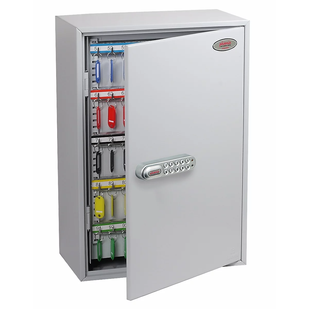 Grauer Schlüsselschrank mit elektronischem Zahlenschloss, halb geöffnet, mit farbigen Schlüsselanhängern.