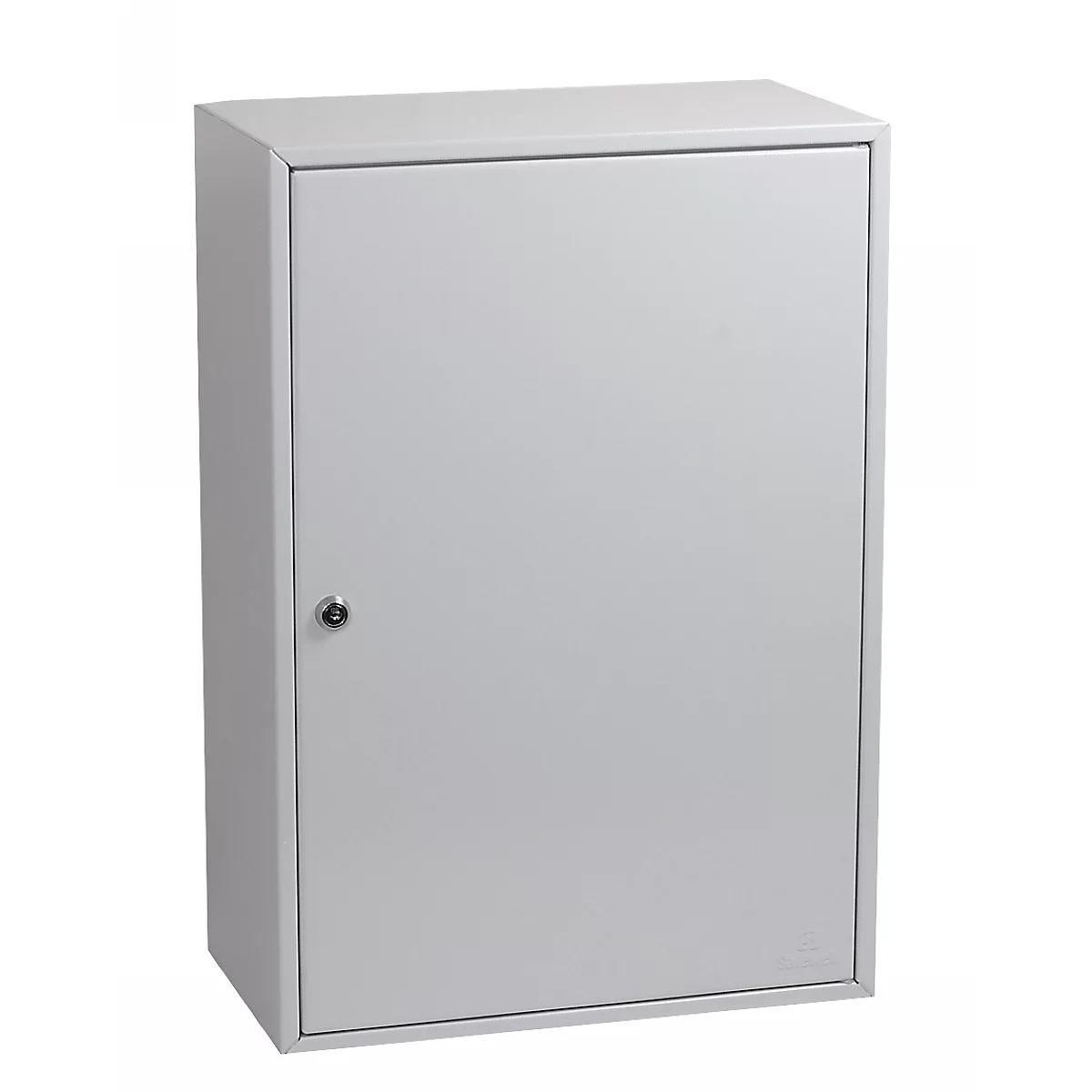 Ein grauer, rechteckiger Wandschrank aus Metall mit einem kleinen, mittig links angebrachten Schloss.