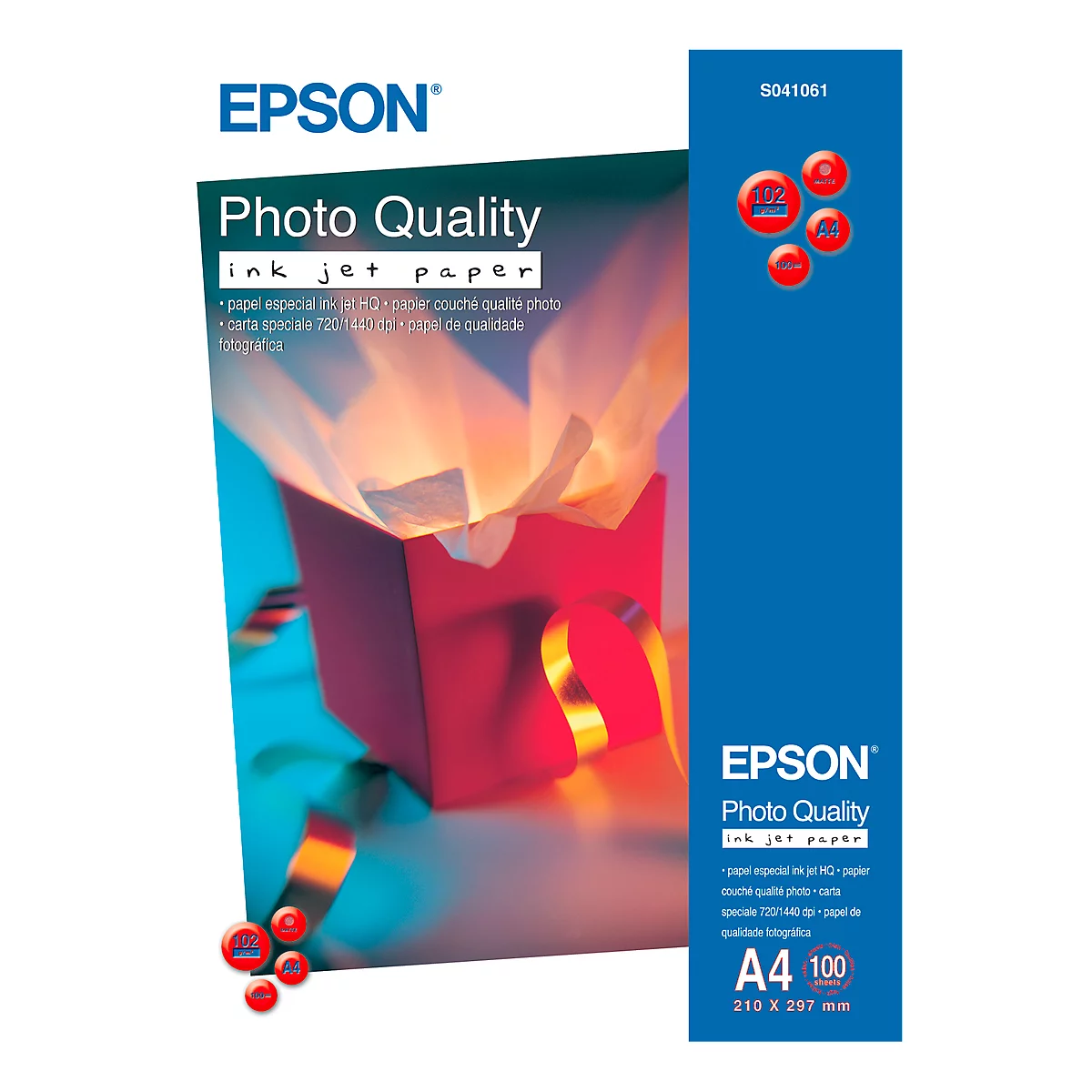 Epson photo paper packaging. Red box with ribbon and tissue paper. Blue side with product description, text: Photo Quality.