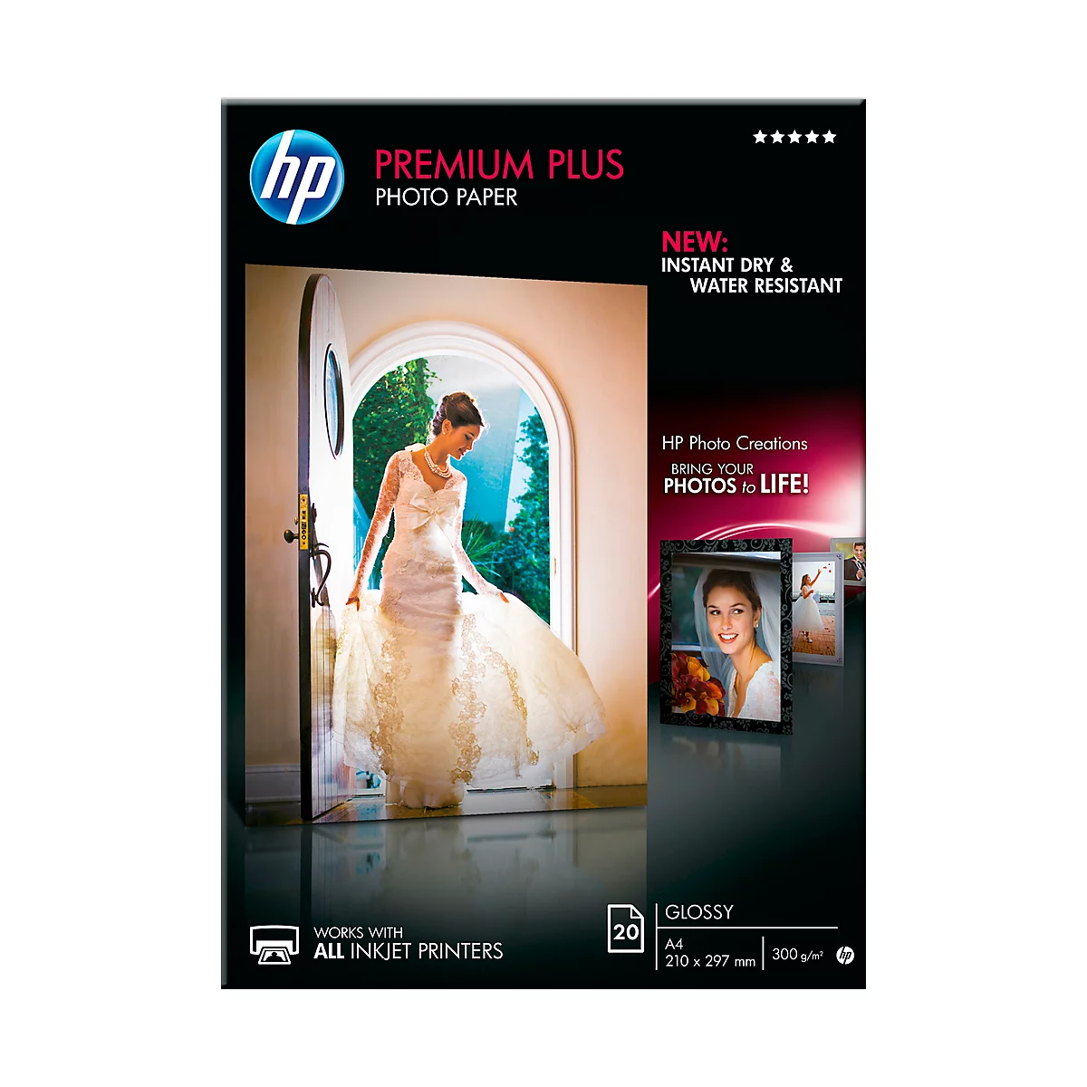 HP Premium Plus Photo Paper, image of a bride in front of a gate. Product image with more framed photos. Text: Instant Dry & Water Resistant.
