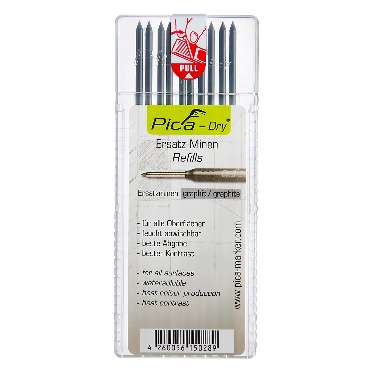 Transparent packaging with black replacement leads for Pica-Dry pens. Reads 'Pica-Dry Refills'.