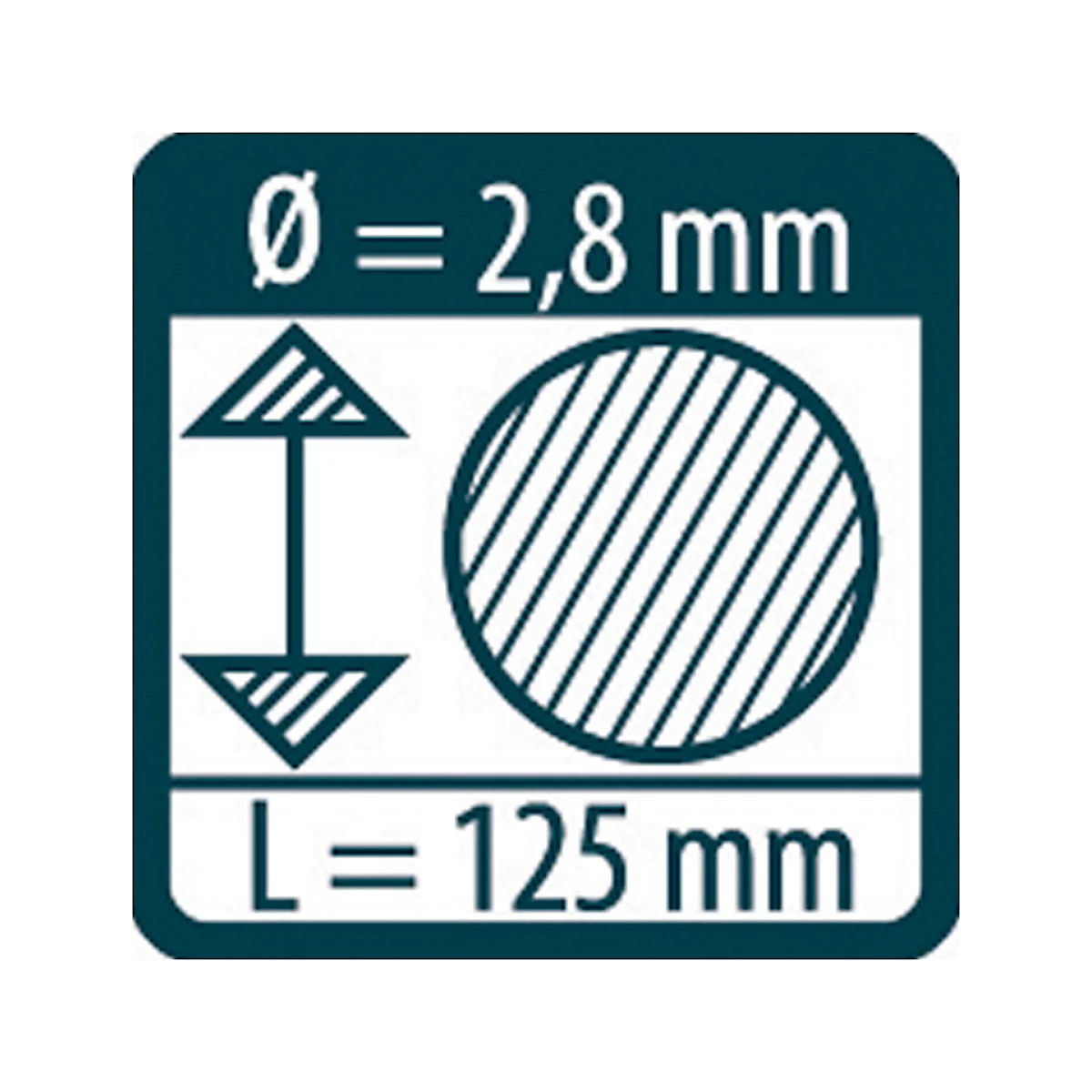 Square sign with technical information. Diameter: 2.8 mm. Length: 125 mm. Circle symbol and arrows.