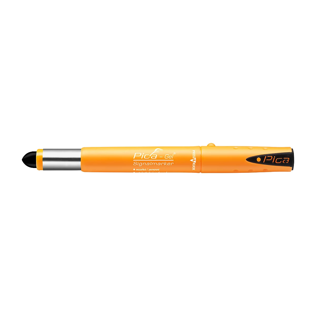 An orange pen with black tip, the brand "Pica-Gel" is printed on it.