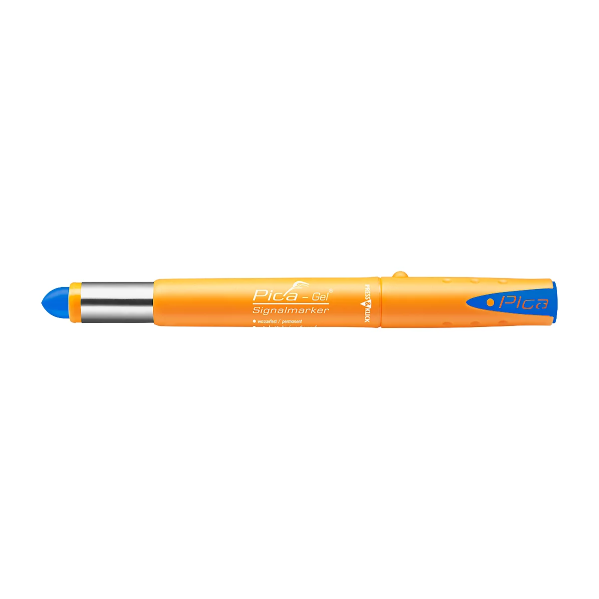 Orange pen with blue tip. "Pica-gel" is written on the pen.