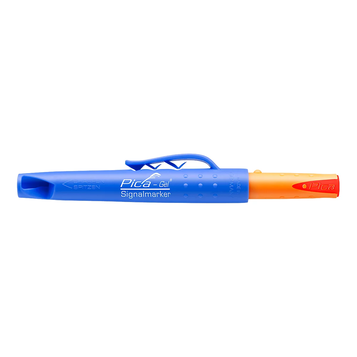 A blue Pica-Gel signal marker with orange tip and clip.