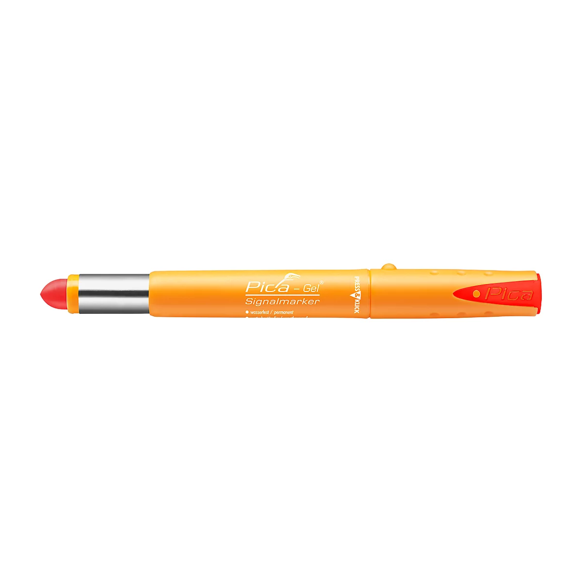 An orange pen with a red tip. The pen says "Pfera-Gel".
