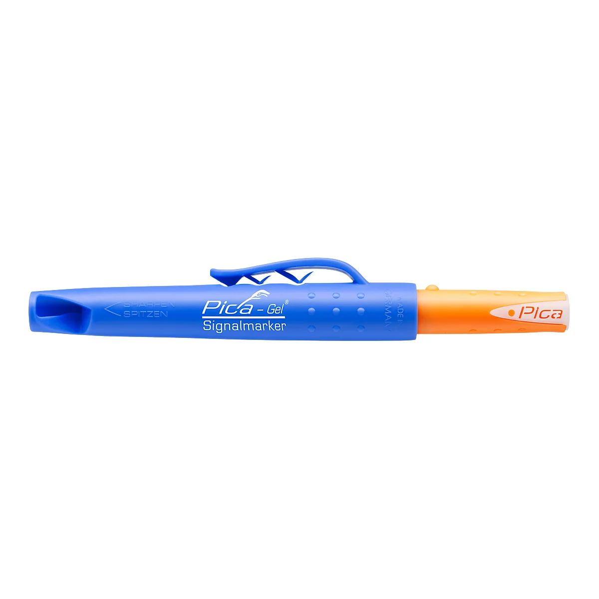 Blue Pica-Gel signal marker with orange tip and blue clip, writing 'Pica-Gel Signalmarker'.