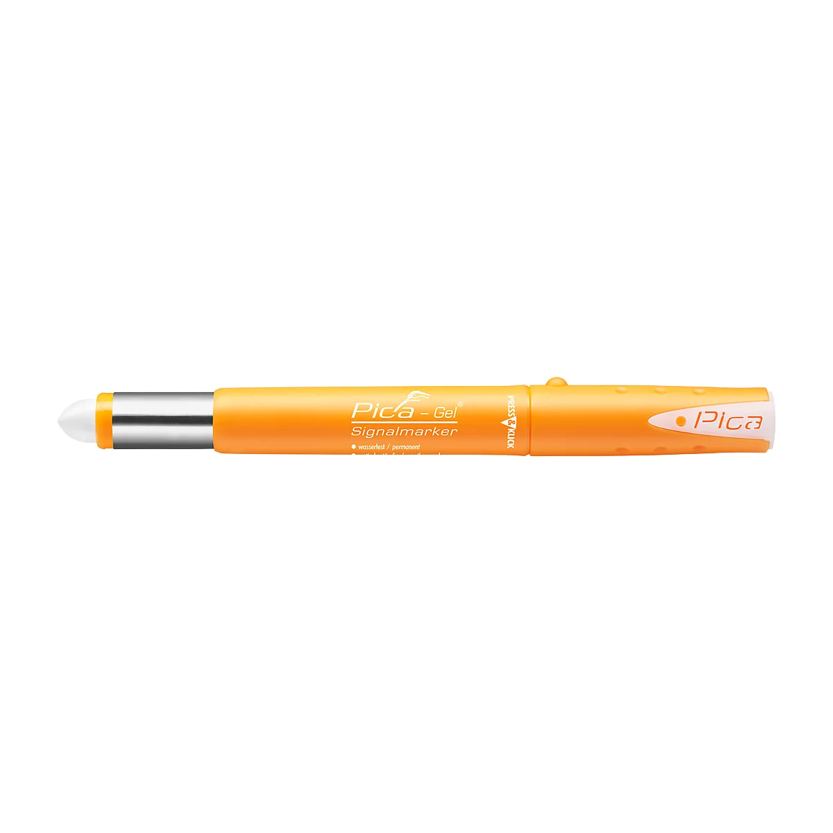 Orange pen with white tip and 'Pica-dry' and 'Signaturmarker' lettering.