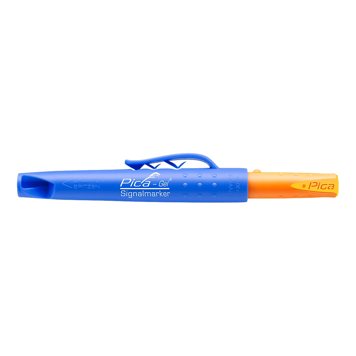 Blue pen with blue clip and orange tip. Writing Pica-Gel Signalmarker.