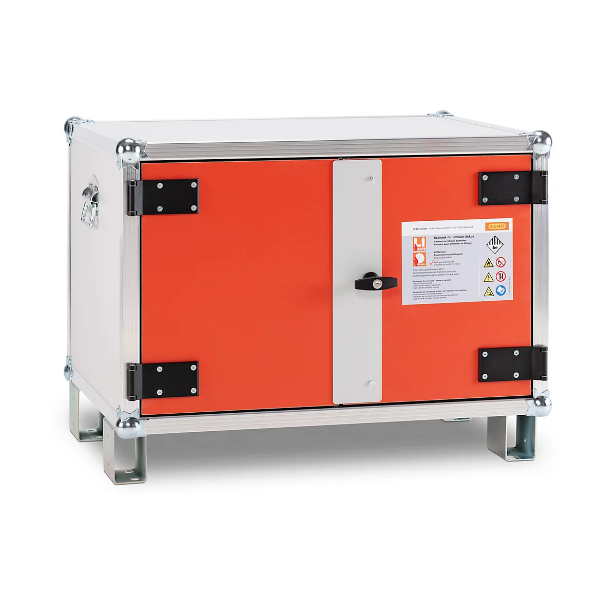Pieds d'empilage pour l'armoire de charge de batterie CEMO Basic/Premium/Premium Plus et l'armoire de stockage de batterie, permet un empilage peu encombrant des armoires, 4 pièces, argenté