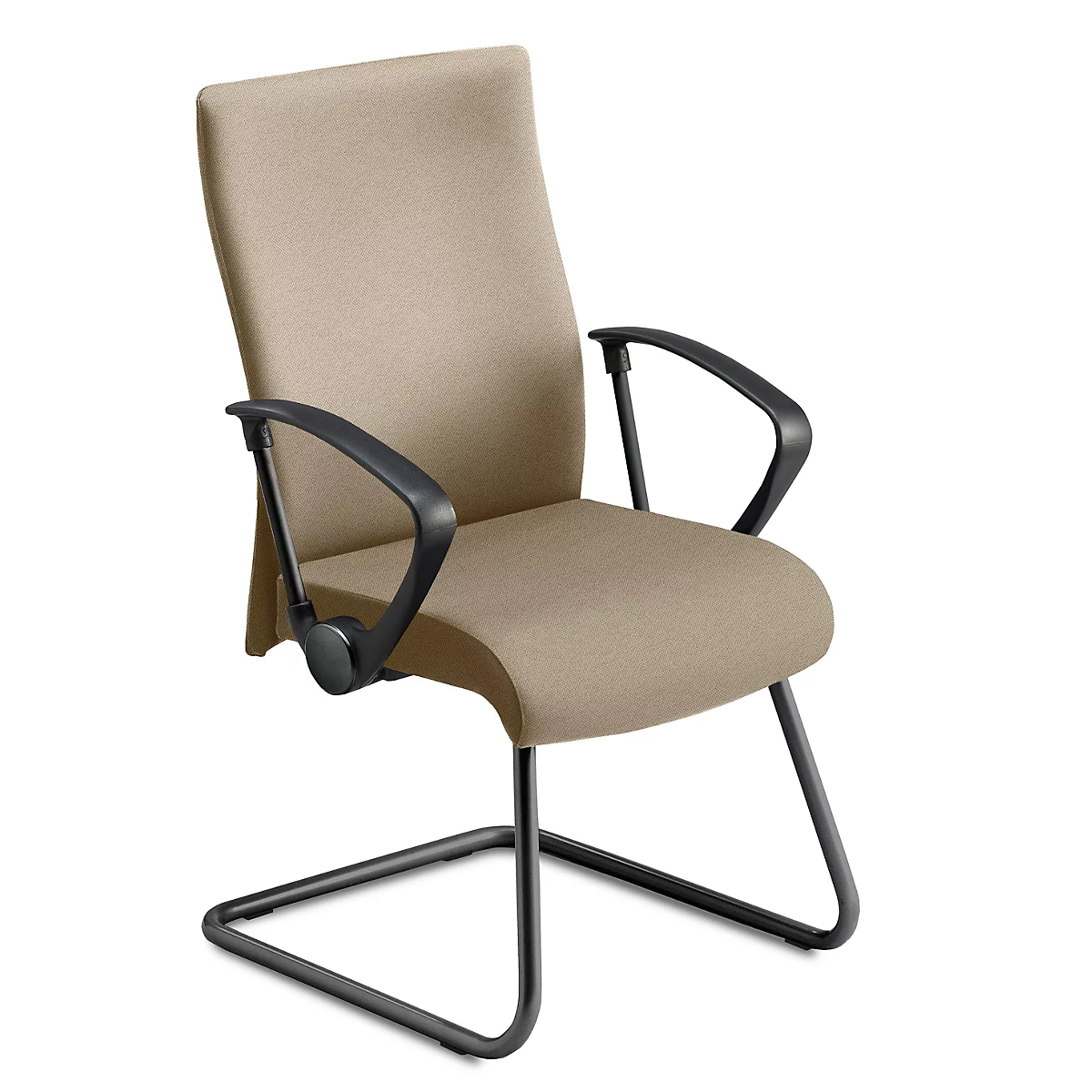 Chaise de bureau beige avec accoudoirs et cadre noirs.