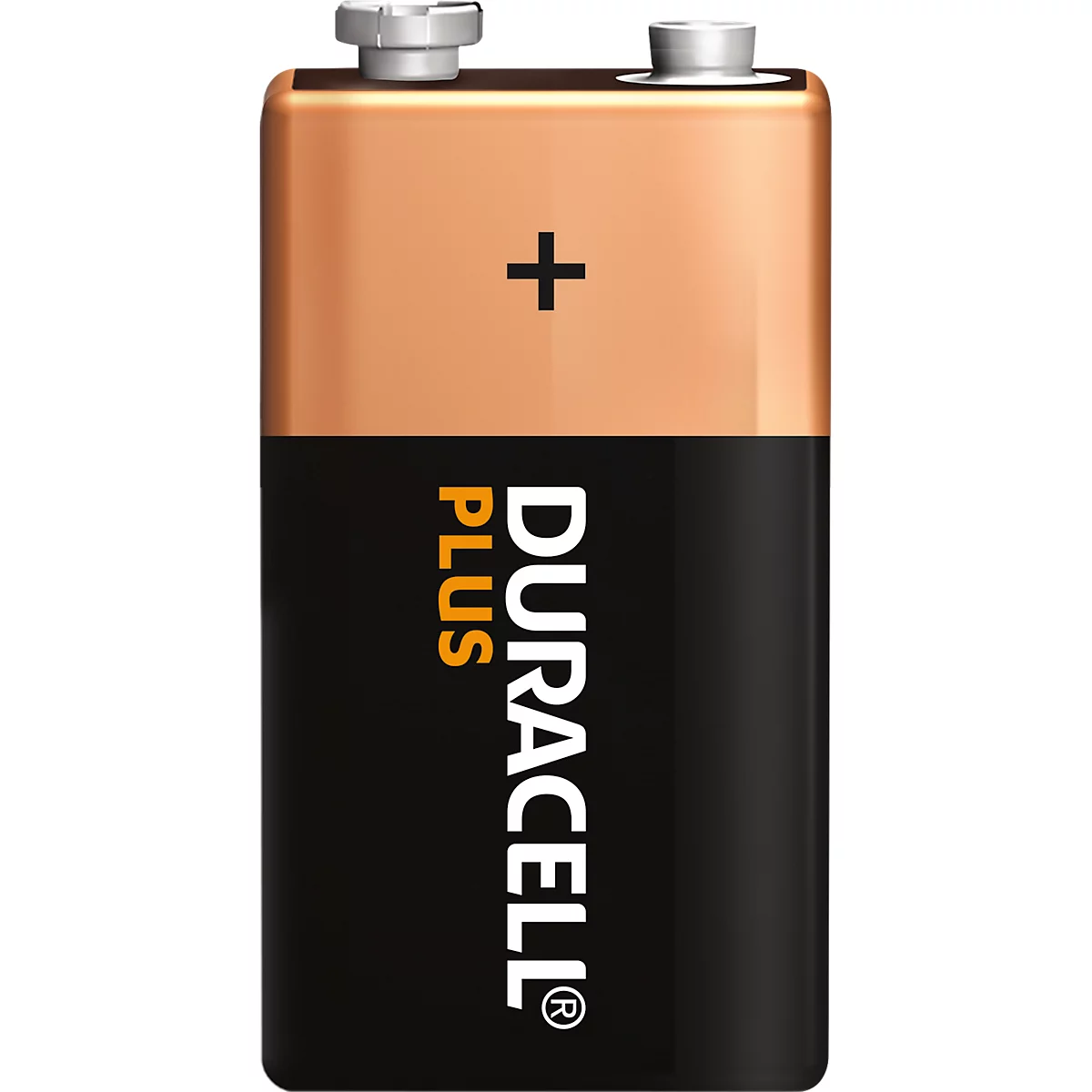 Una batería Duracell Plus de 9 voltios sobre un fondo blanco.