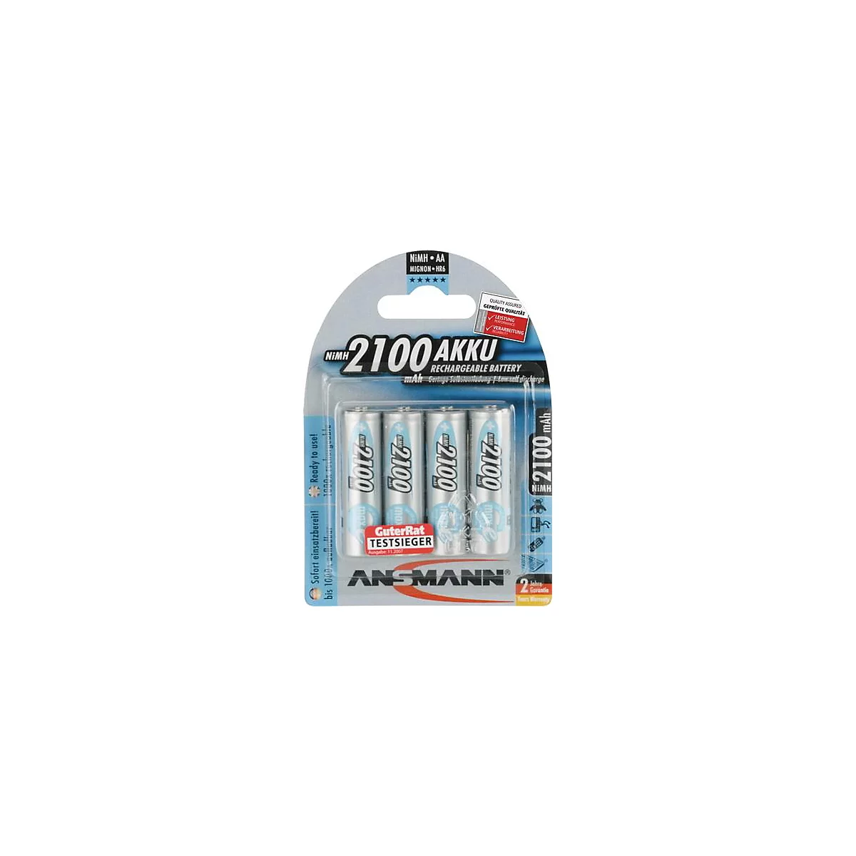 Piles en blister. 4 piles rechargeables NiMH grises avec lettrage blanc et bleu, 2100 mAh. Texte : 'GuterRat Testsieger', 'ANSMANN'.