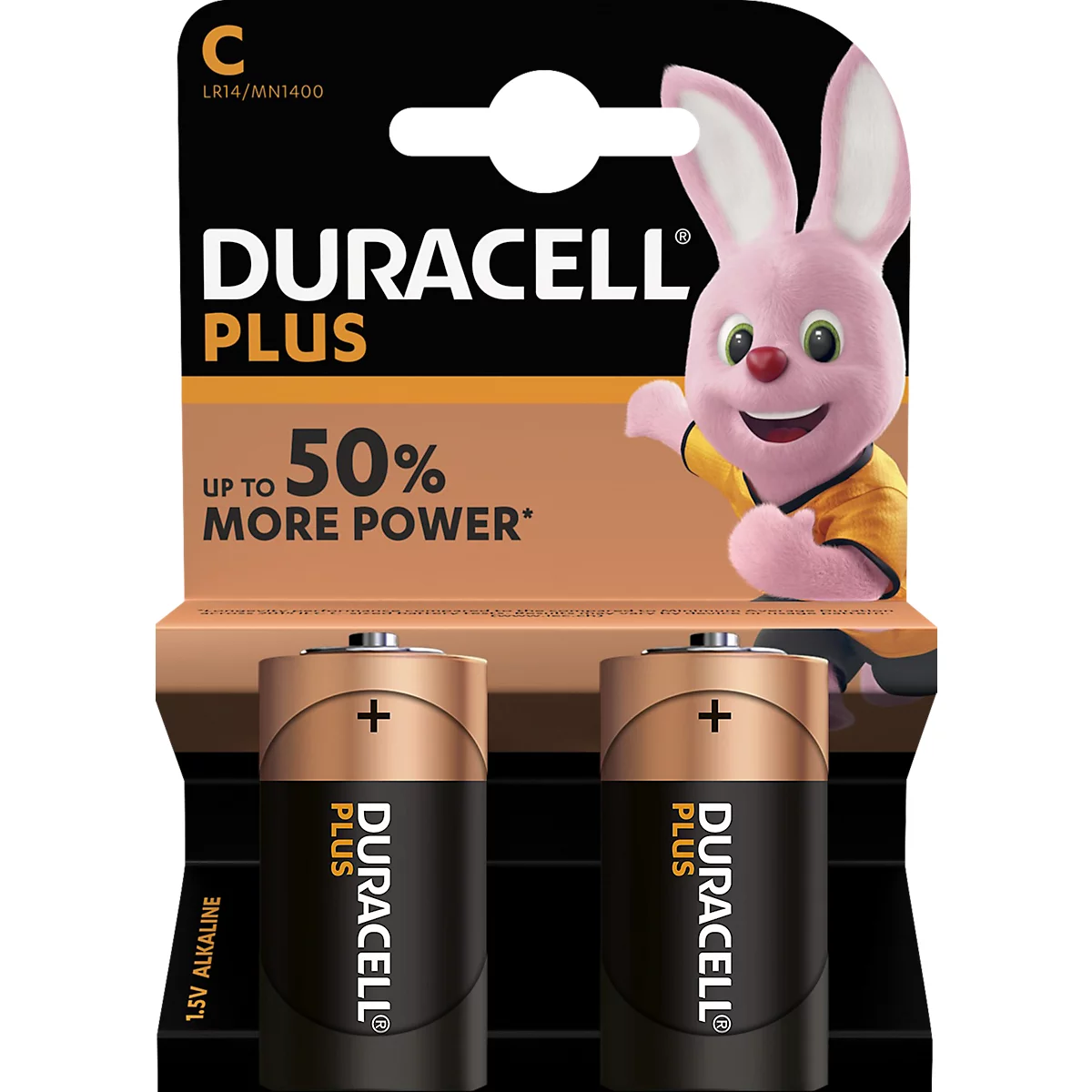 Deux piles Duracell Plus C sur un emballage en carton avec le lapin Duracell.