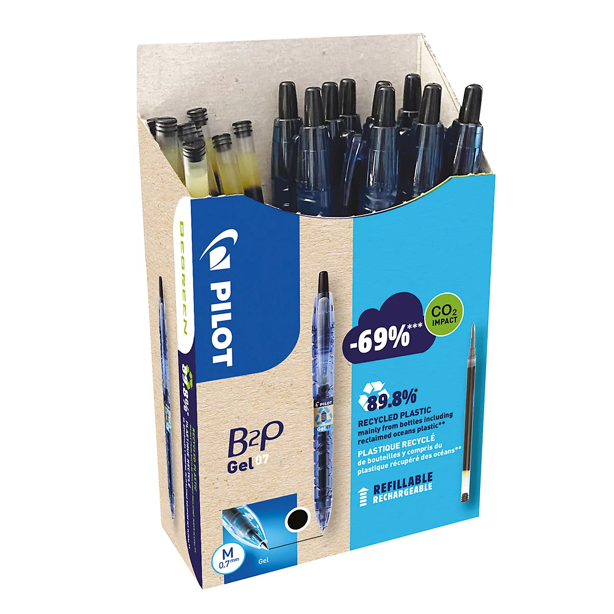 PILOT Gelpen Bottle 2 Pen BeGreen, zwart, lijndikte 0,4 mm, documentect, navulbaar, 89% gerecycled materiaal, 10 stuks + 10 navullingen zwart
