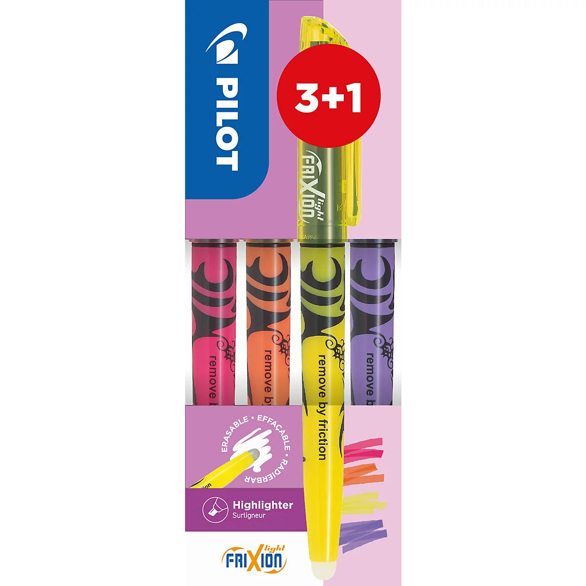 Pilot Frixion 3+1 Set: vier radierbare Textmarker in Gelb, Pink, Orange und Lila vor lila Hintergrund.