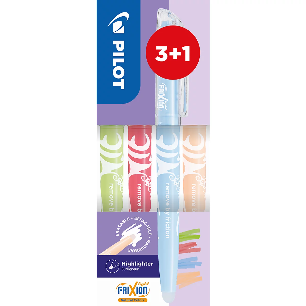 Pilot Frixion Textmarker Set 3+1 in Pastellfarben mit hellem Stift im Vordergrund.