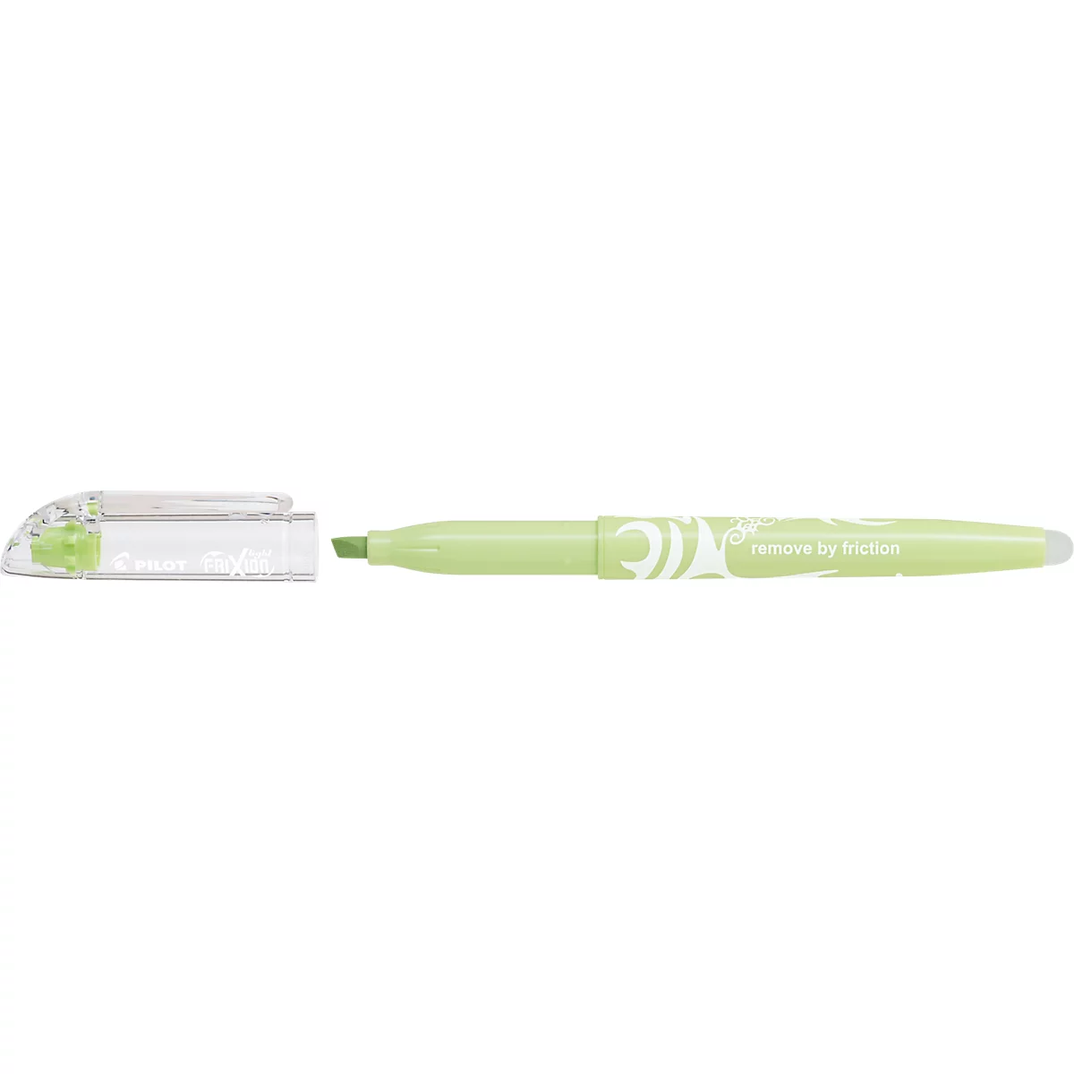 Ein hellgrüner Pilot Frixion Light Textmarker mit abgenommener transparenter Kappe vor weißem Hintergrund.