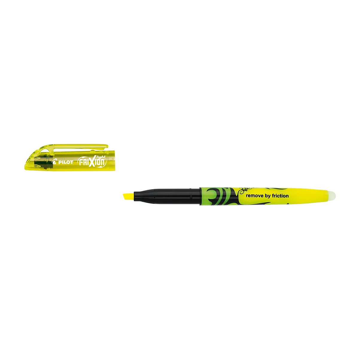 Gelber Pilot Frixion Textmarker mit abgenommener Kappe vor weißem Hintergrund.