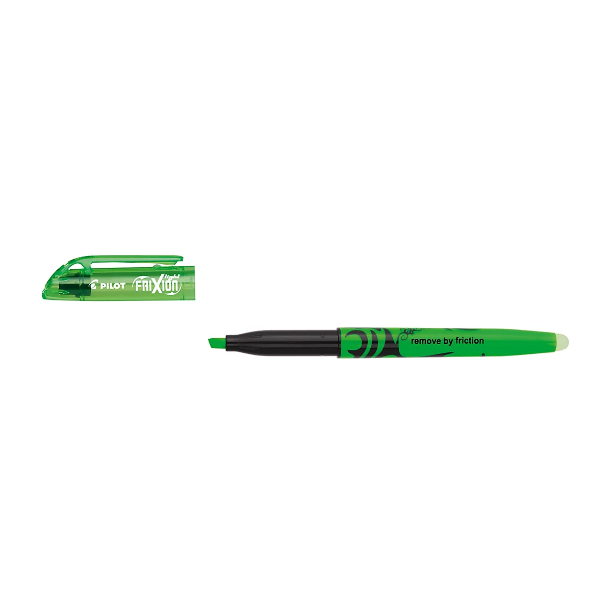 Grüner Pilot Frixion Textmarker mit abgenommener Kappe auf weißem Hintergrund.