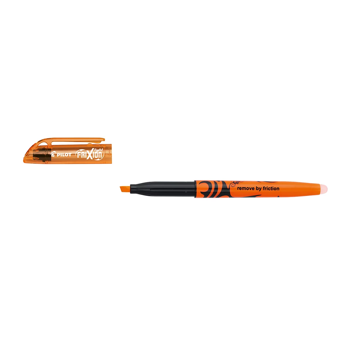 Orangefarbener Pilot Frixion Textmarker mit abgenommener Kappe vor weißem Hintergrund.