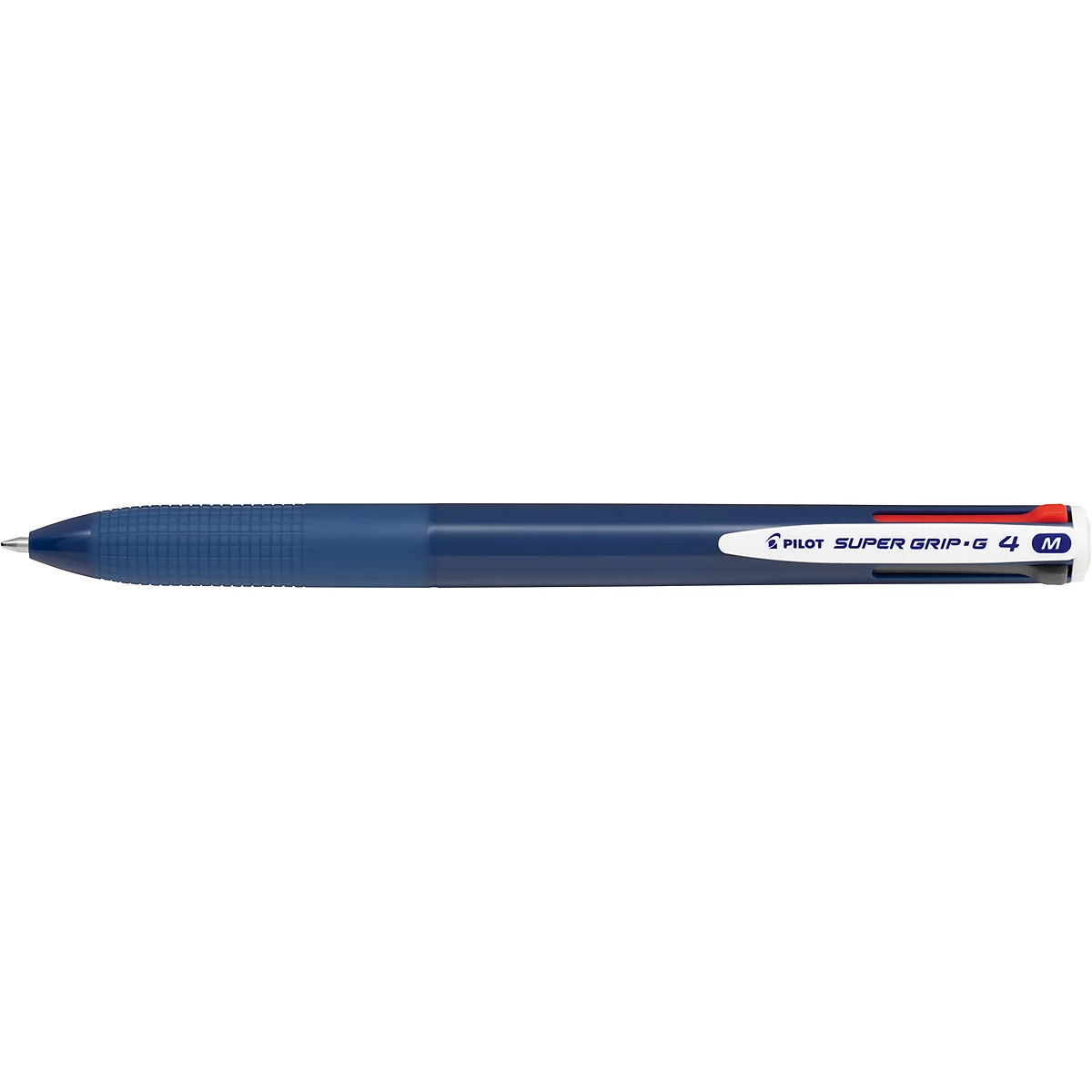 Blauer Pilot Super Grip G 4 Mehrfarbkugelschreiber mit geriffeltem Griffstück vor weißem Hintergrund.