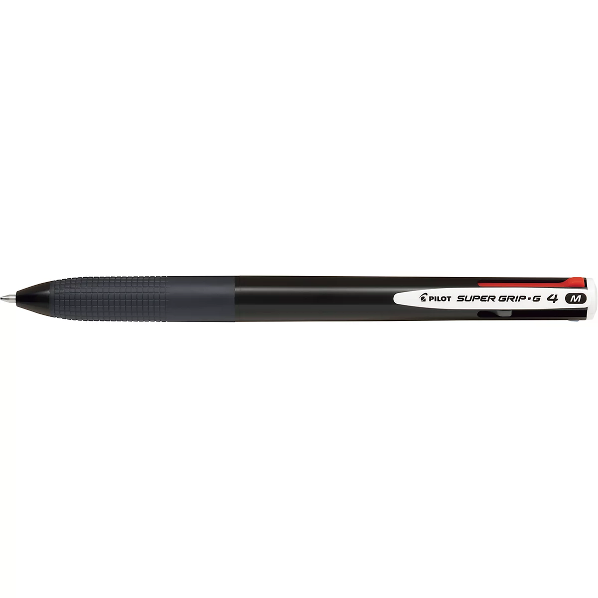 Schwarzer Pilot Super Grip G 4 Mehrfarbkugelschreiber mit geriffelter Griffzone.