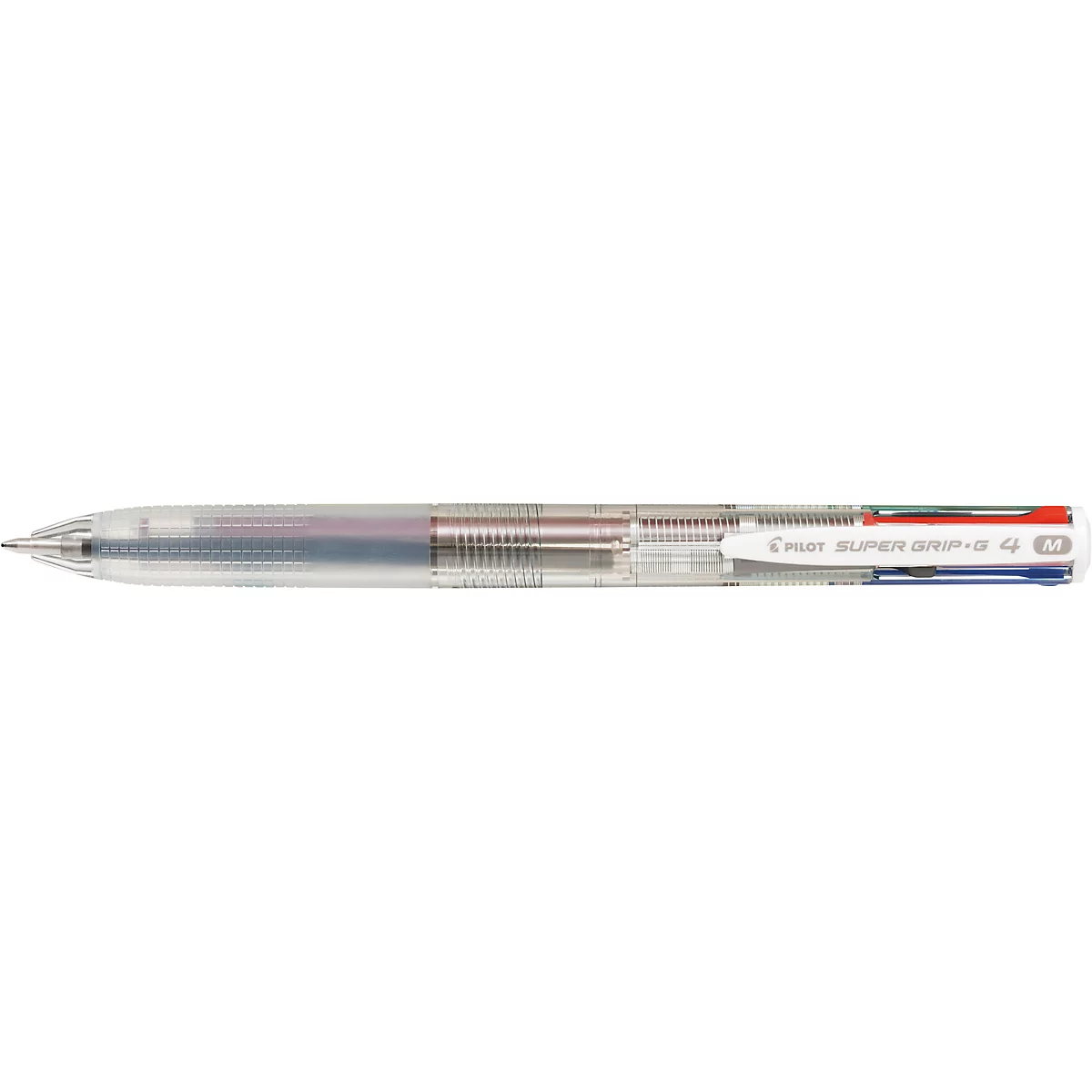 Ein transparenter Pilot Super Grip-G 4 Mehrfarben-Kugelschreiber liegt horizontal vor weißem Hintergrund.
