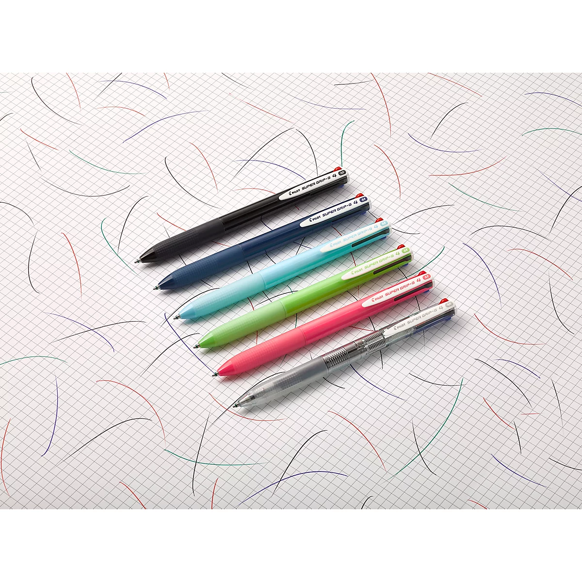 Sechs bunte Kugelschreiber liegen diagonal auf kariertem Papier mit farbigen Strichmustern.