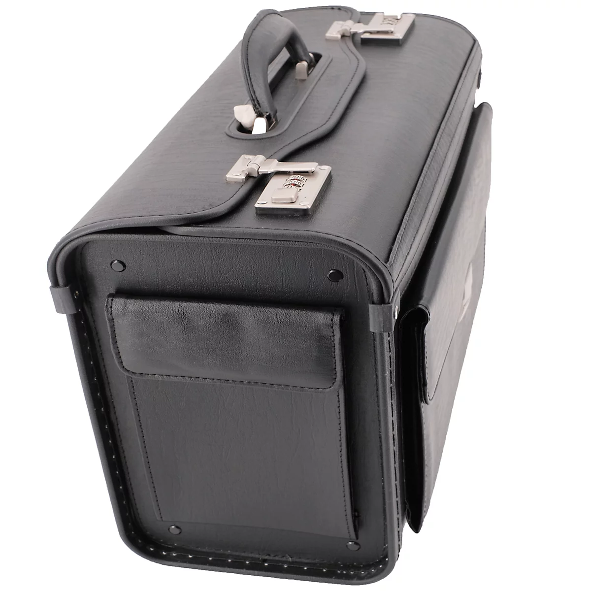 Schwarzer Aktenkoffer, Griff, Verschlüsse, Außentasche.