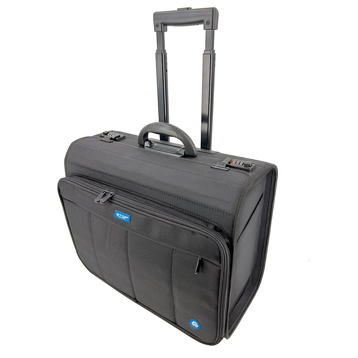Schwarze Trolley-Tasche mit ausziehbarem Griff. Hat ein Vorfach, sowie ein Zahlenschloss.