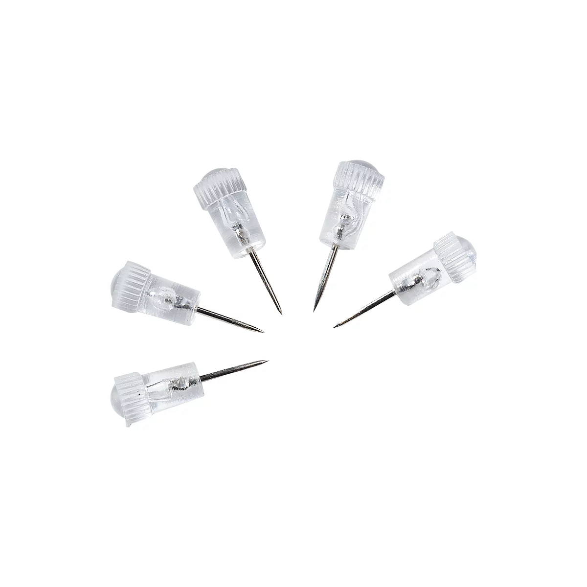 Five transparent push pins, partly in the light, arranged on a white background. The needles point in different directions.