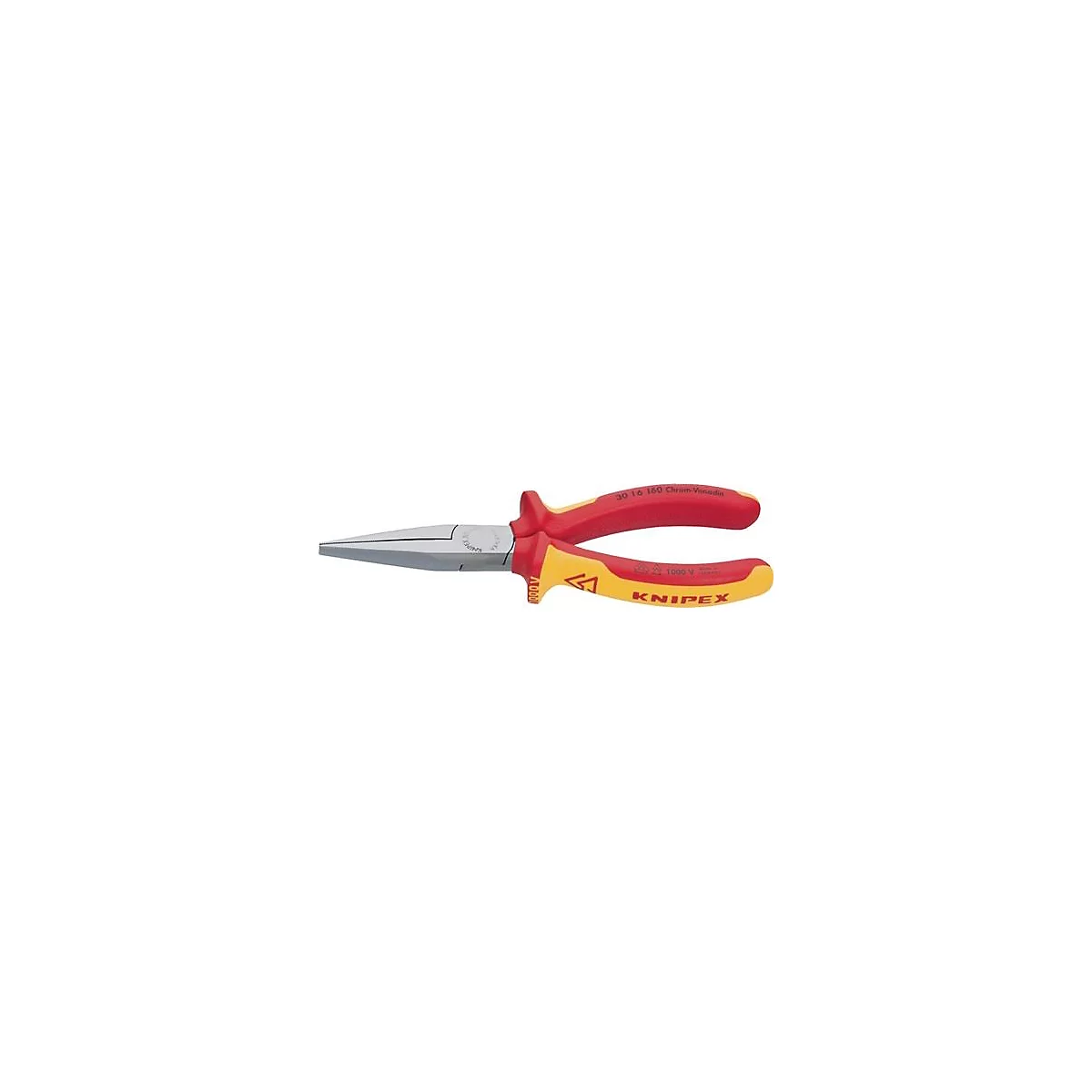 Gros plan d'une pince à bec avec poignée rouge et jaune, fabricant KNIPEX.