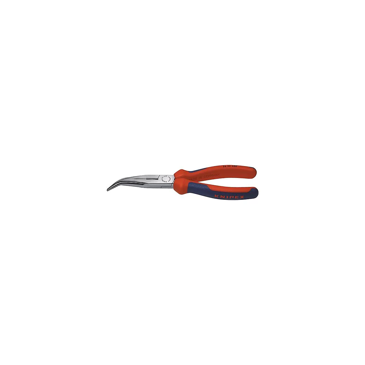 Pince longue et incurvée, revêtue de rouge et de bleu. Inscription : KNIPEX, MADE IN GERMANY.