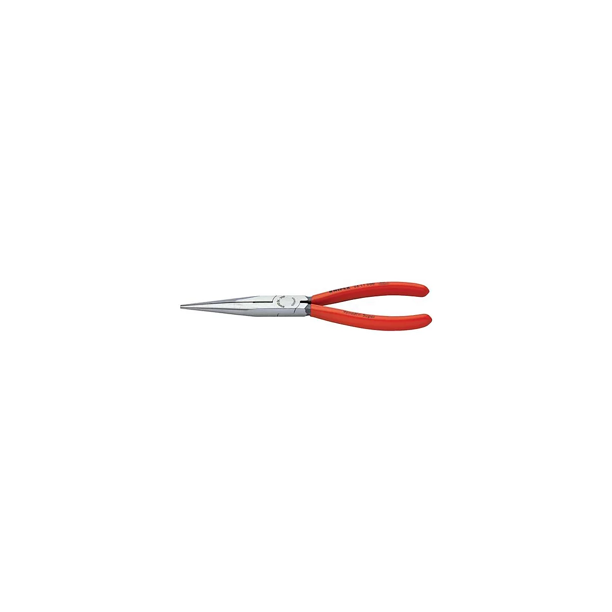 Pince à bec effilé Knipex, pince argentée avec poignées rouges, nom du produit visible.