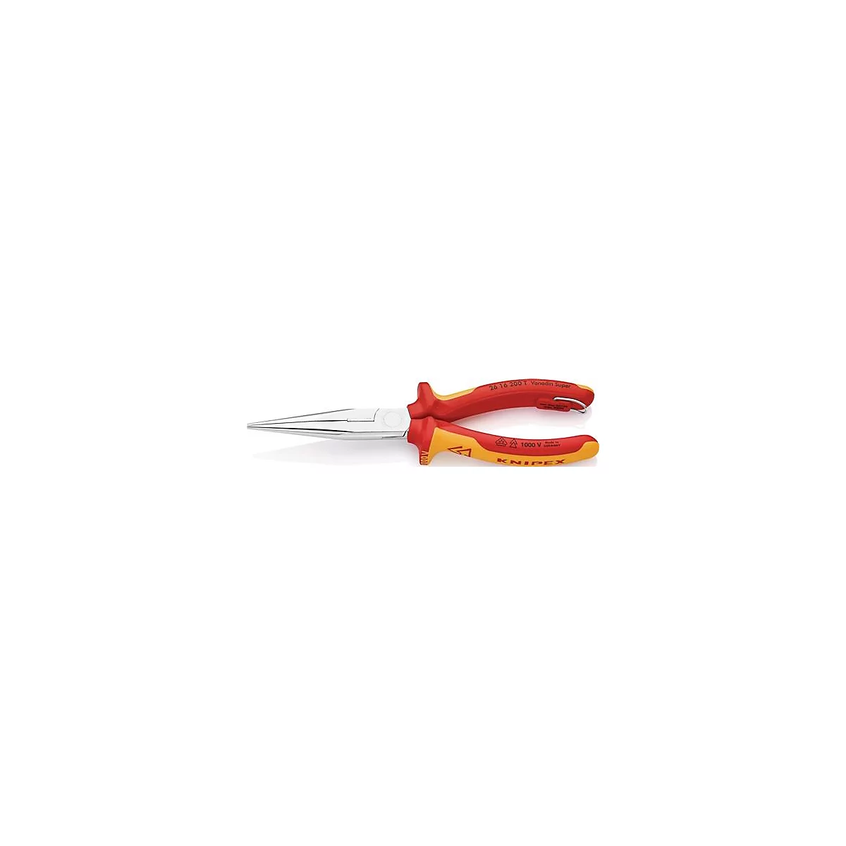 Une pince à bec avec des poignées rouges et jaunes. Sur la poignée, il est écrit 'KNIPEX'.