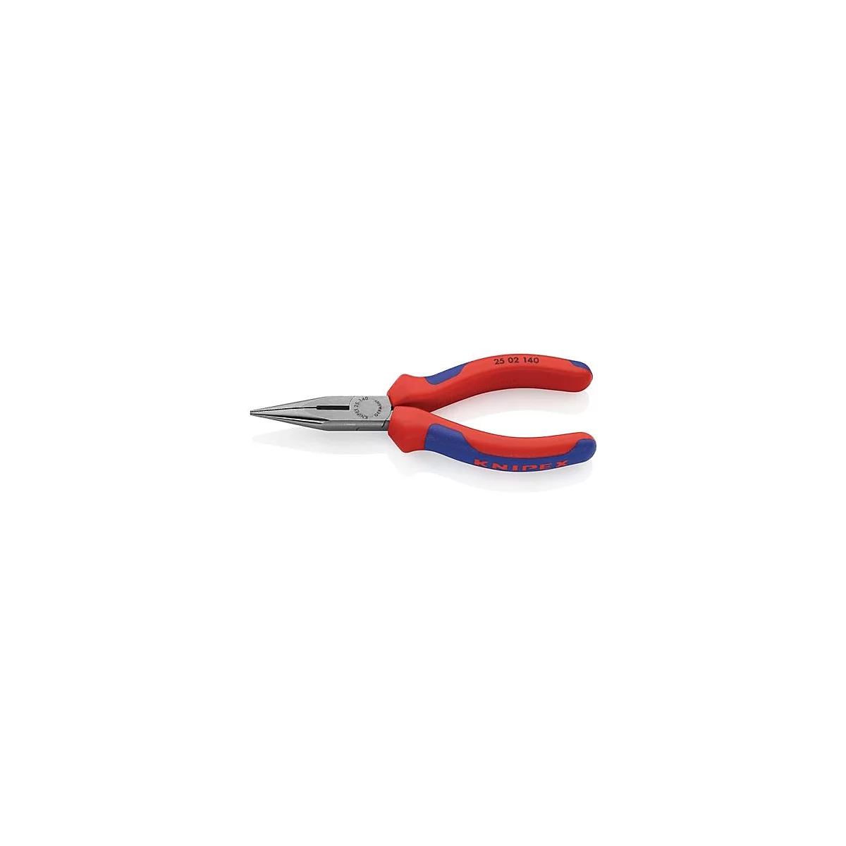 Pince à bec effilé, rouge et bleu avec des pointes argentées. Sur les poignées, il est écrit "KNIPEX".