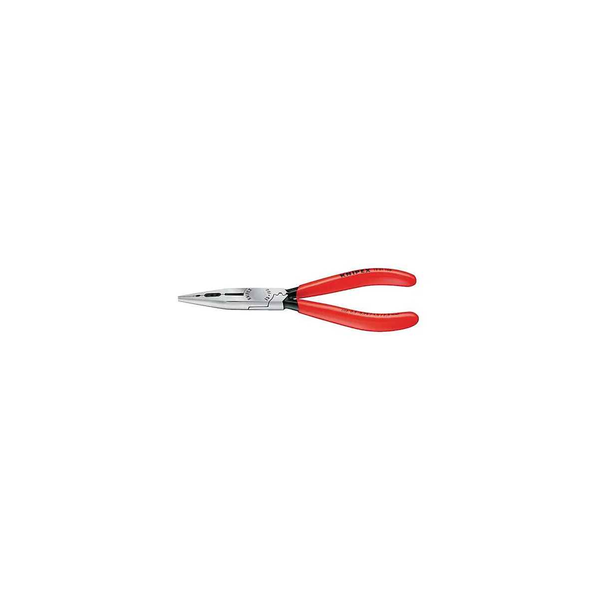 Pinces à bec long avec poignées rouges, marque Knipex. La tête de la pince est argentée et comporte trois trous.