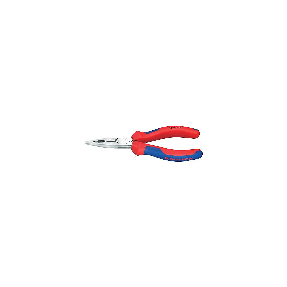 Pince combinée avec poignées rouges et bleues. Inscription : KNIPEX, 13 02 160. Détails : 12-160.