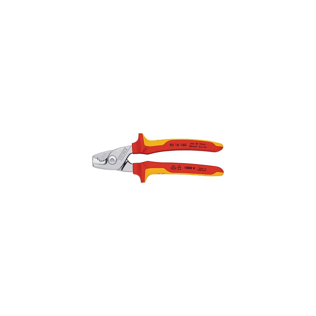Une pince rouge et jaune avec une tête argentée. La poignée porte le texte "KNIPEX" et d'autres informations.