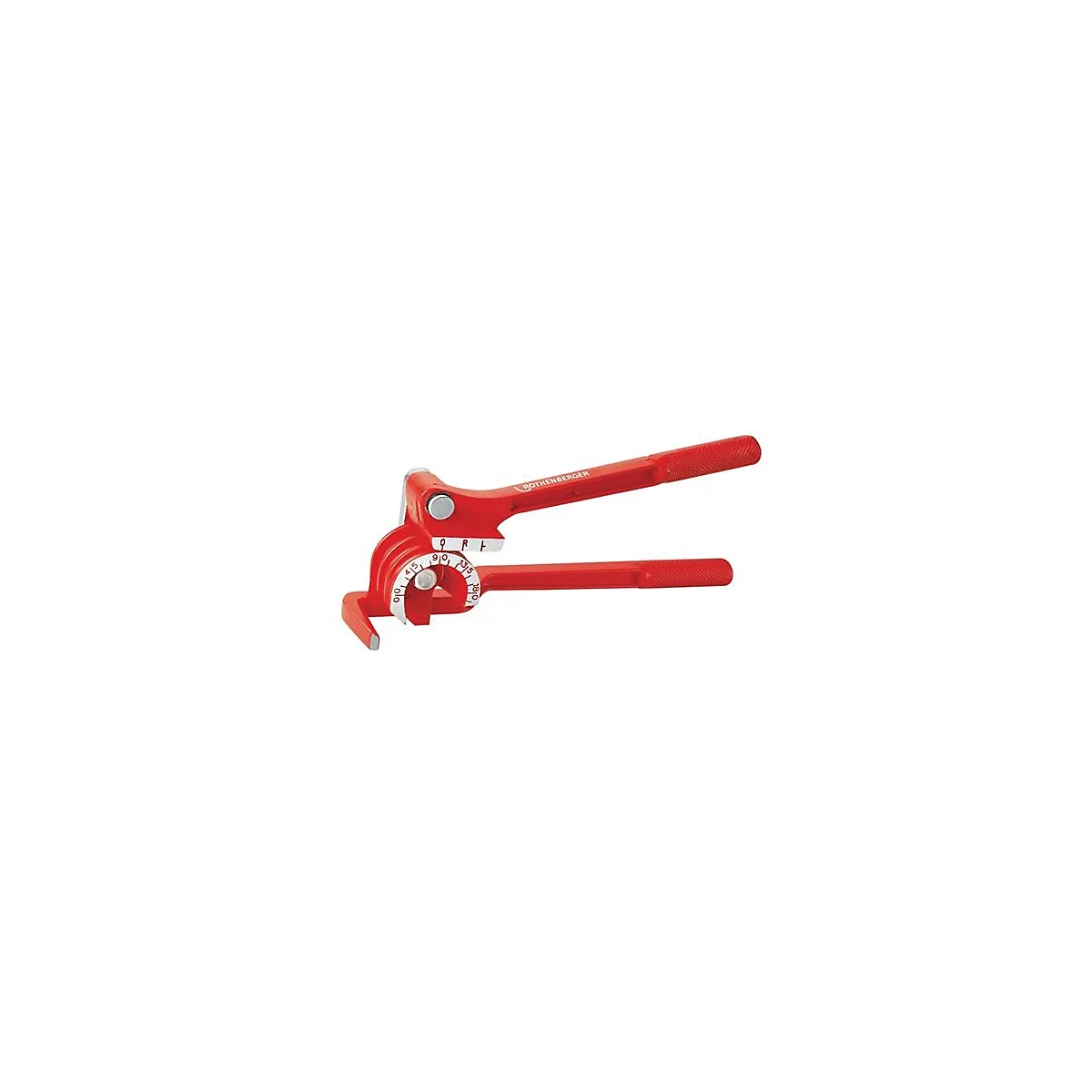 Cintreuse de tubes rouge avec indicateur d'angle. Impression : Rothenberger.