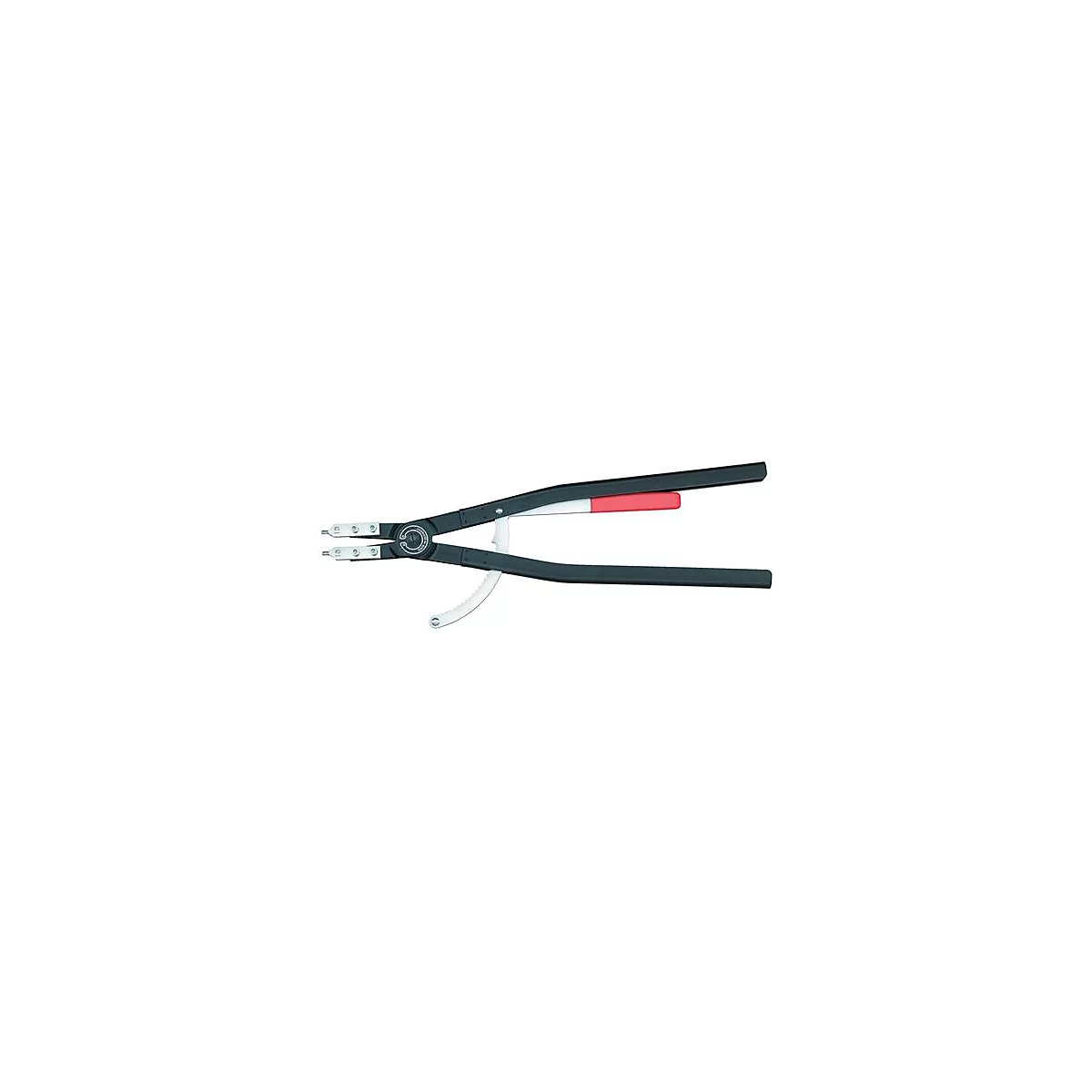 Outil, une pince pour enlever les circlips. Poignées noires, partie centrale rouge et pointes métalliques.